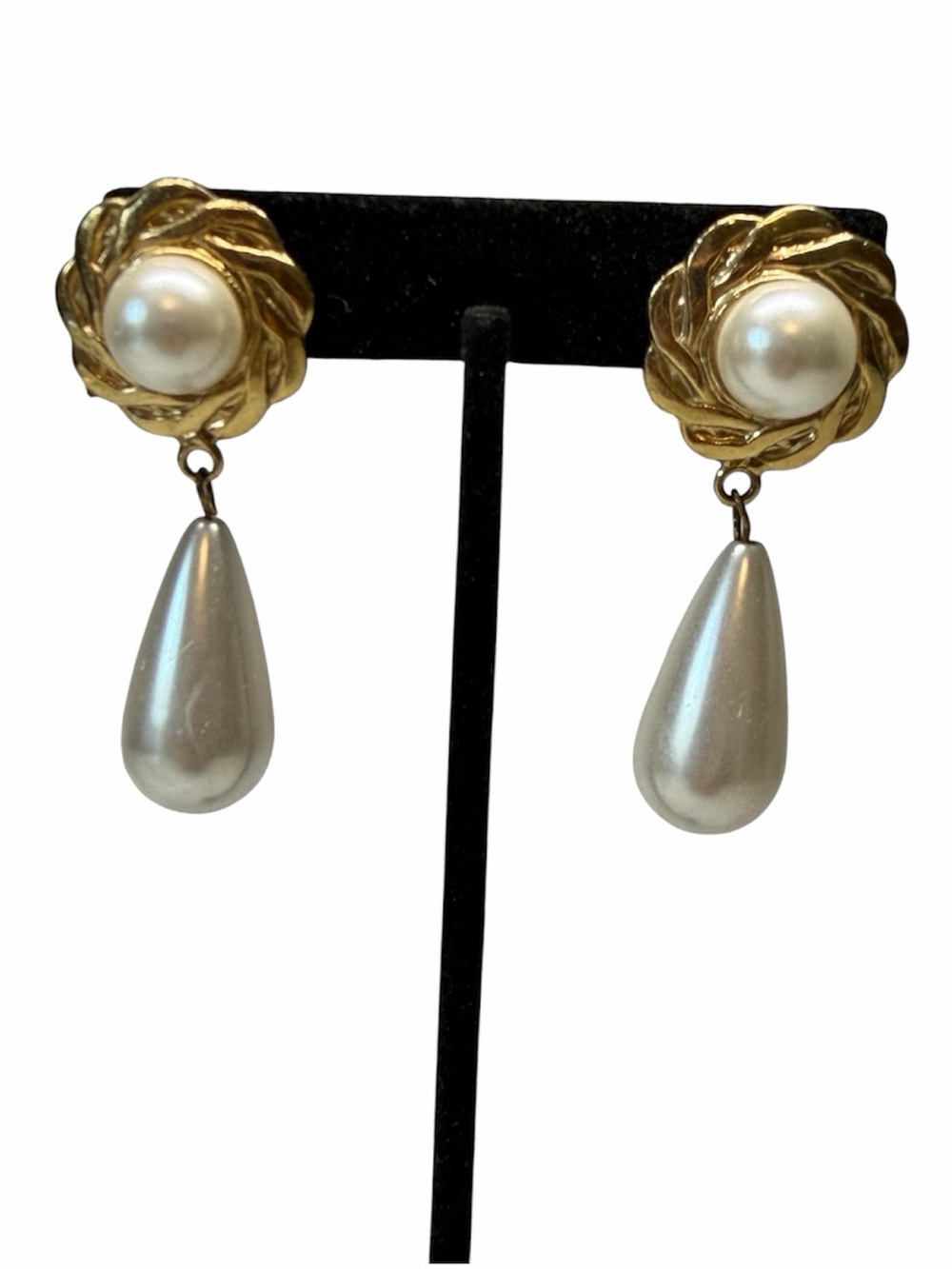Vtg 80s Gold Swirl Ribbon Framed Pearl Cabochon Statement Drop Earrings